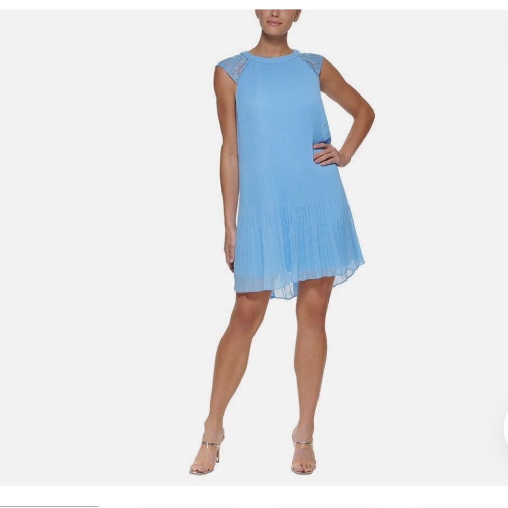 DKNY Blue Pleated Trapeze Dress with Lace Cap Sleeves